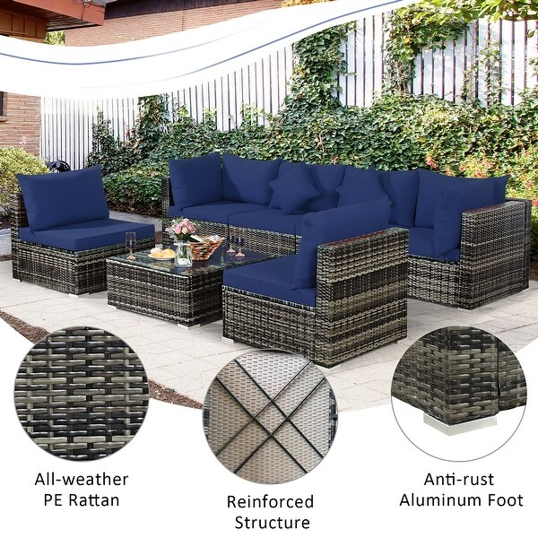 7PCS Patio Rattan Furniture Set Sectional Sofa Garden Cushion
