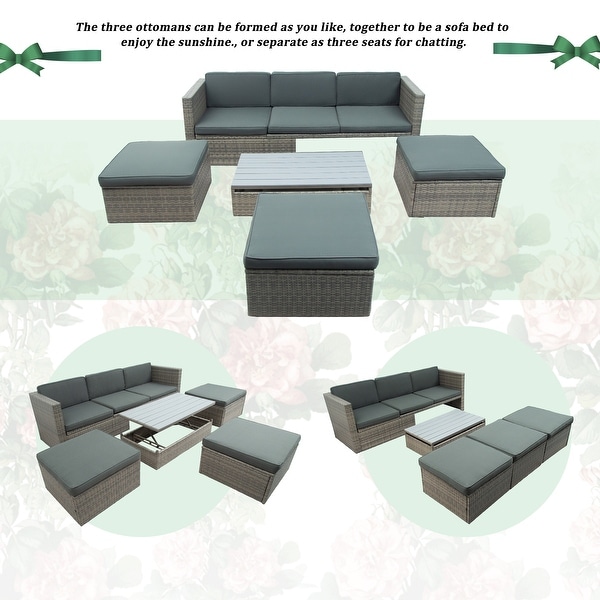 5Piece PE Wicker Sofa Set with Adjustable Backrest,Ottomans,and Lift Top Table