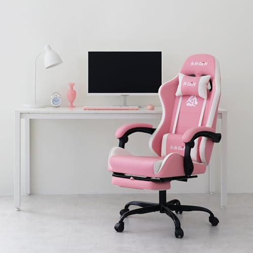 N-GEN Video Gaming Chair with Footrest High Back Ergonomic Comfortable Office Computer Desk with Lumbar Support Height Adjustable with PU Leather Recliner for Adults Women Men (Black)