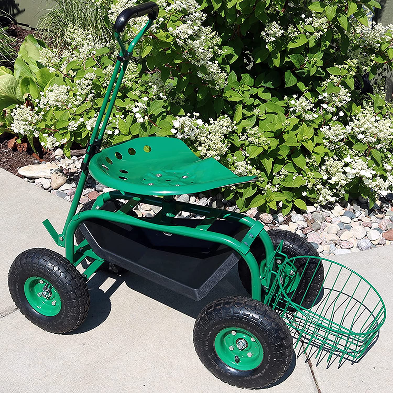 Sunnydaze Garden Cart Rolling Scooter with Extendable Steer Handle, Swivel Seat and Utility Tool Tray, Green