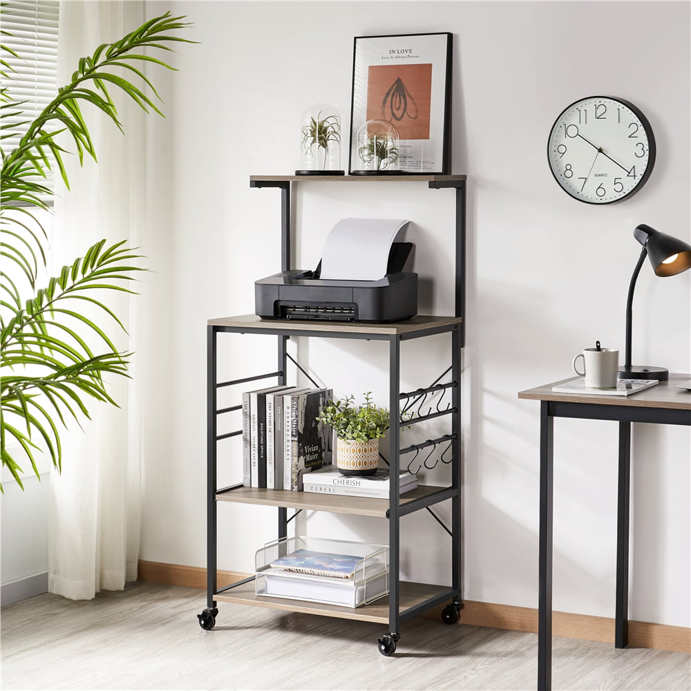 SmileMart Wooden Baker's Rack Storage Cart with Side Hooks for Kitchen, Gray