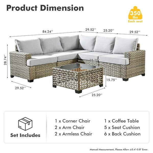 OVIOS 6 Pieces T shaped Seat Wide Armrest Set With SolarPowered Coffee Table