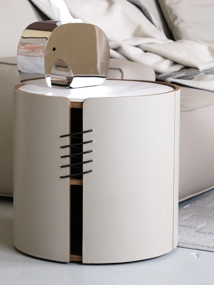 YA024 - H Glacier Grey Italian Saddle Leather Marble Coffee Table Bedside Cabinet: Modern, Simple, Luxurious