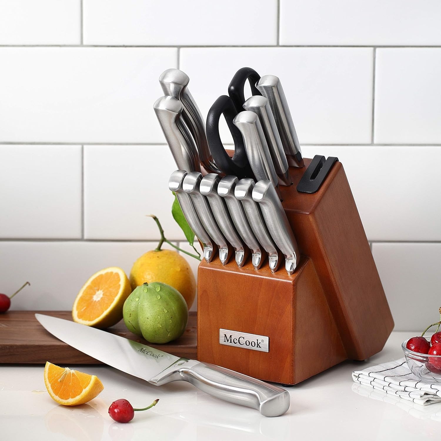 15-Piece Kitchen Knife Block Set German High-Carbon Stainless Steel Built-in Sharpener