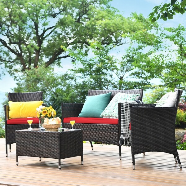 Gymax 4PCS Patio Rattan Conversation Furniture Set Outdoor w/ Red