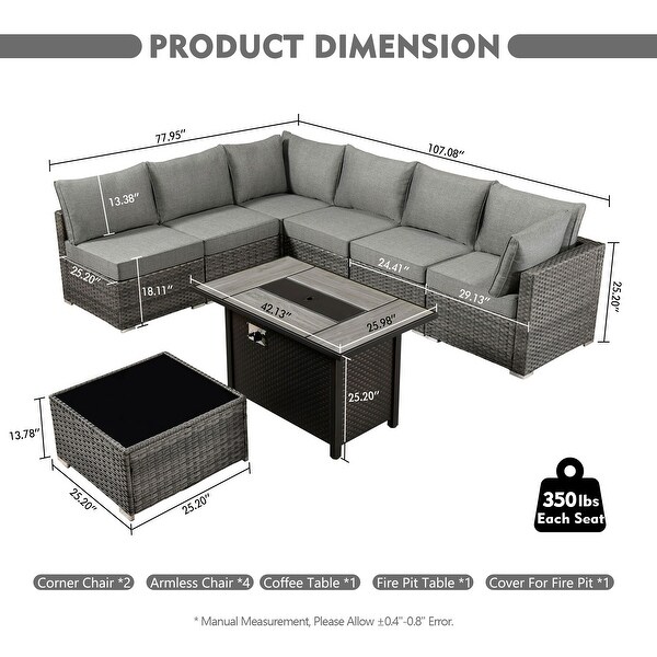 HOOOWOOO 8piece Patio Furniture Set Wicker Sectional Sofa with Fire Pit Table