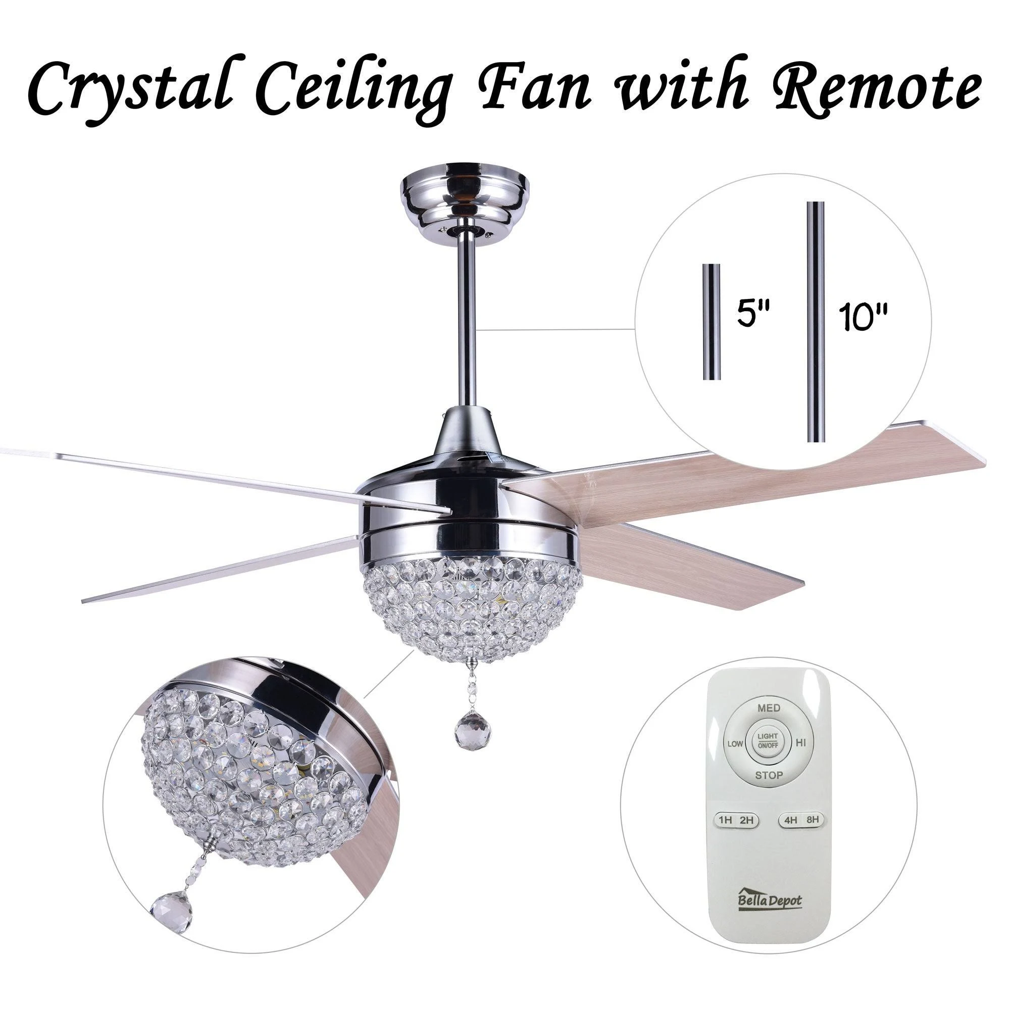 42x22 Modern Crystal Ceiling Fan with LED Light and Remote, Reversible - White