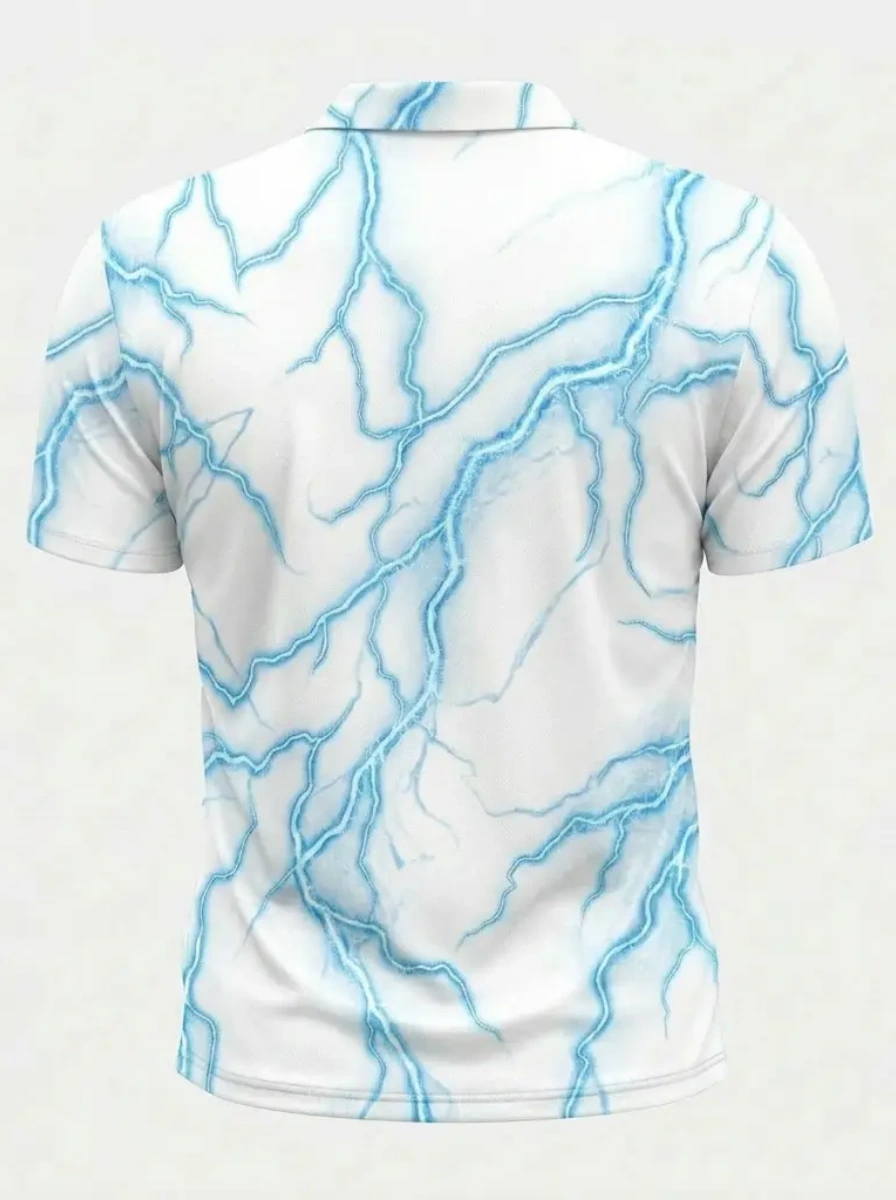 Moisture Wicking Golf Polo 3D White Blue Lightning Print Button Short Sleeve Golf Polo Shirt