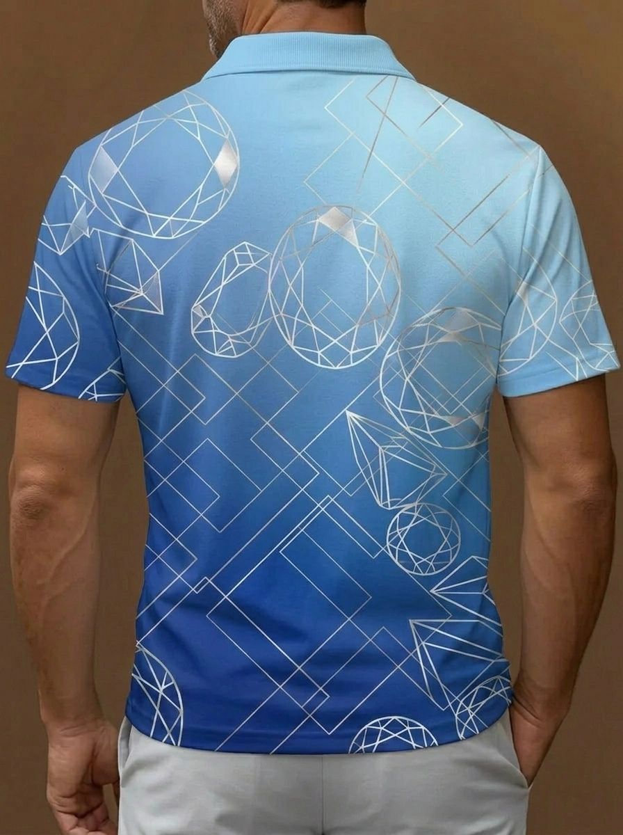 Light to Dark Blue Gradient Silver Crystal Geometric Print Short Sleeve Golf Polo Shirt