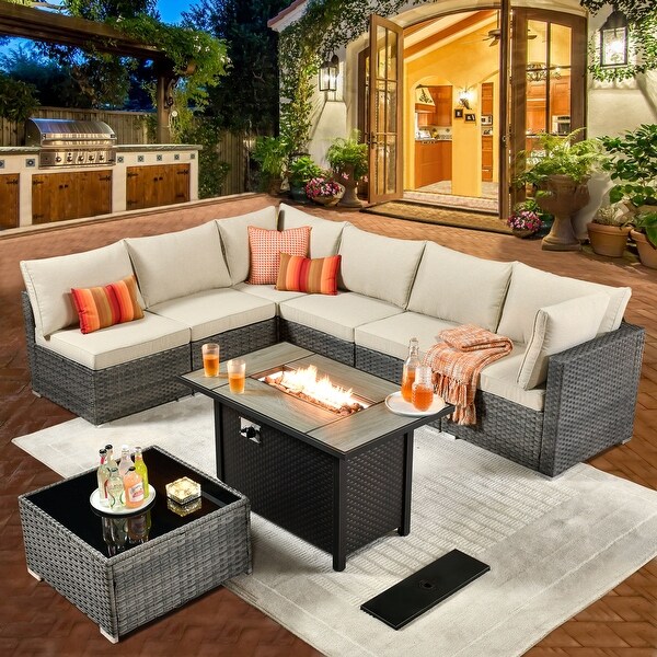 HOOOWOOO 8piece Patio Furniture Set Wicker Sectional Sofa with Fire Pit Table