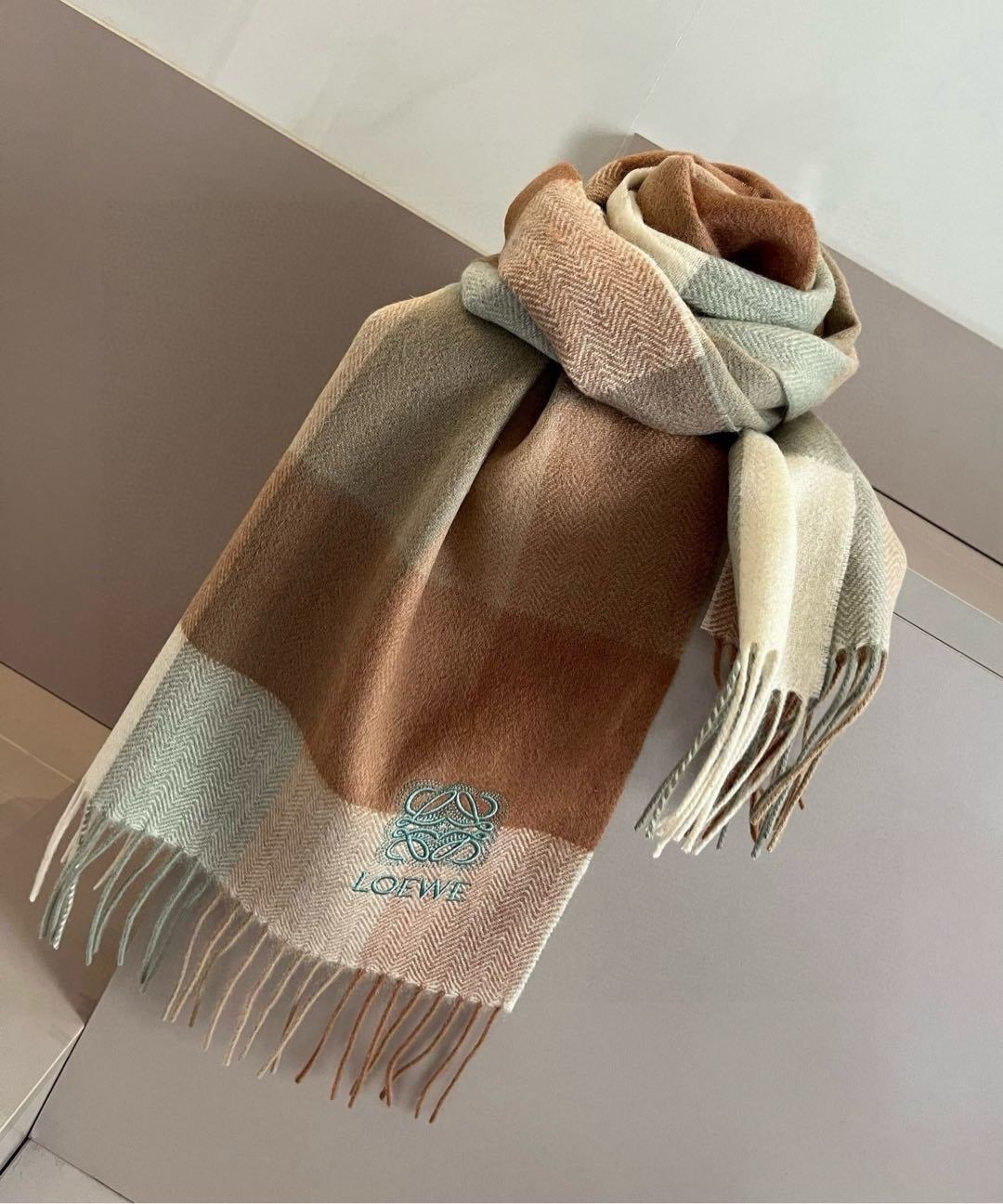 Loewe Cashmere Scarf Check Brown Green For Women 180cm