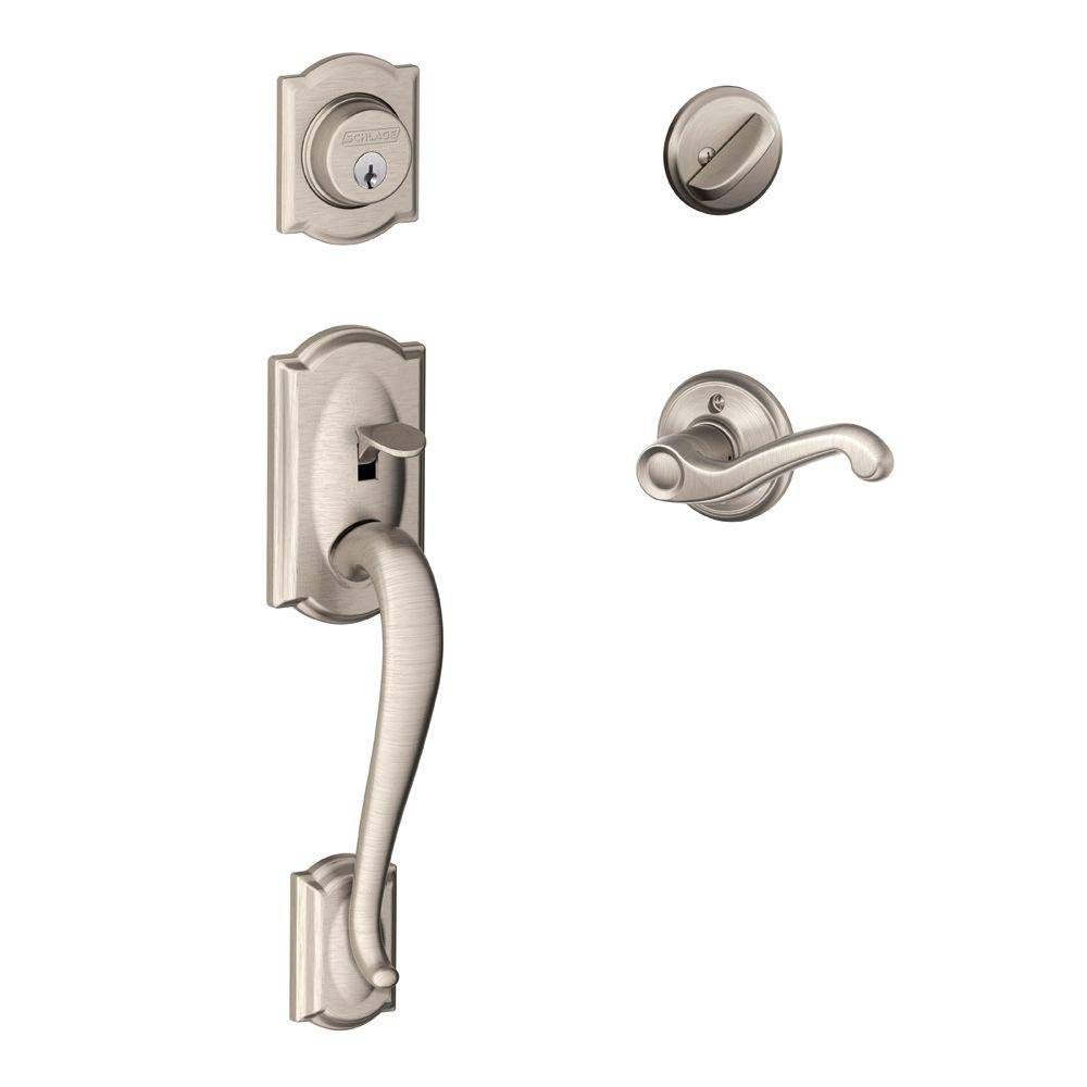 Schlage F60 Cam 619 Fla LH , Camelot Satin Nickel Left-Hand Handleset with Flair Interior Lever