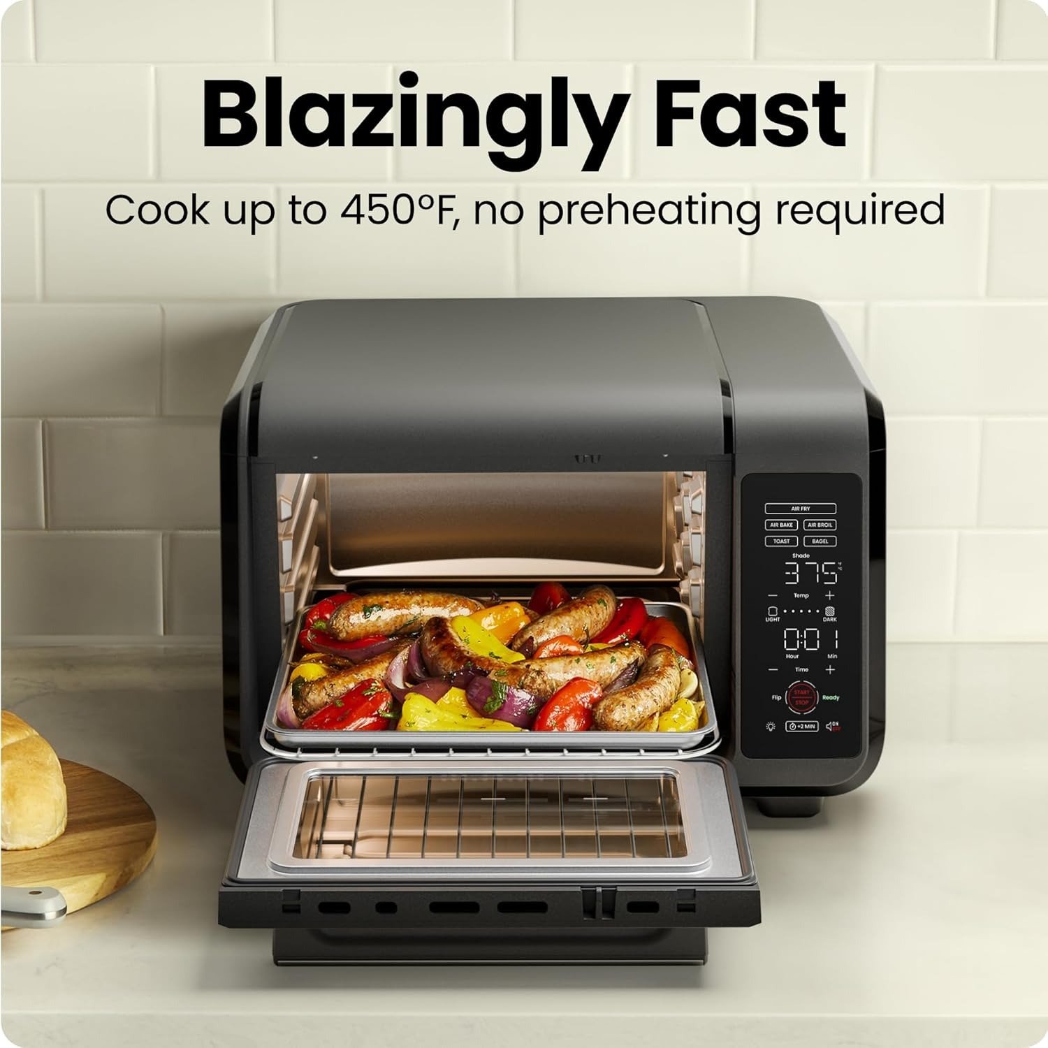 15QT 5-in-1 Air Fryer Toaster Oven Combo, 450°F Max Temp, Flip Reminder, Touch Control, 4-Slice Capacity, Black