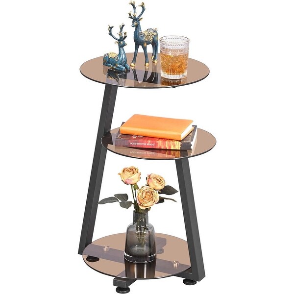 Round End Table Tempered Glass Side Table with Metal Frame,Tawny