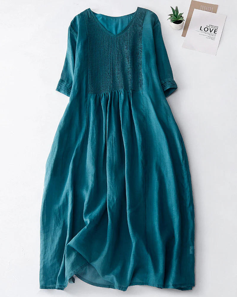 Literary Retro V-Neck Ramie Maxi DressClistos