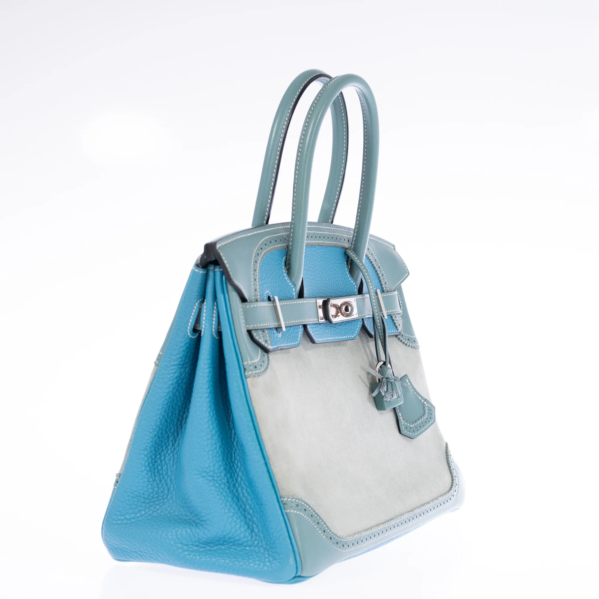 Hermès Birkin 30 Grizzly Ghillies Gris Perle Doblis, Ciel Evercolor & Turquoise Clémence Palladium Hardware
