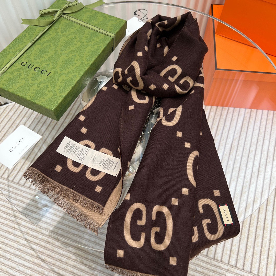 Gucci Cashmere Scarf Pattern Brown Beige For Women 190cm