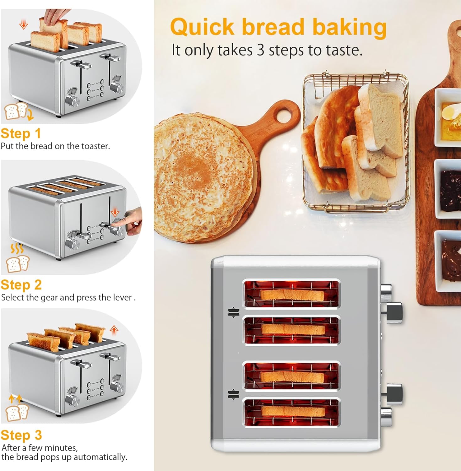 Toaster Stainless Steel, 6 Bread Shade Settings, Bagel/Defrost/Cancel Function, 1.5in Wide Slot, High Lift Lever, Removable Crumb Tray, for Various Bread Types