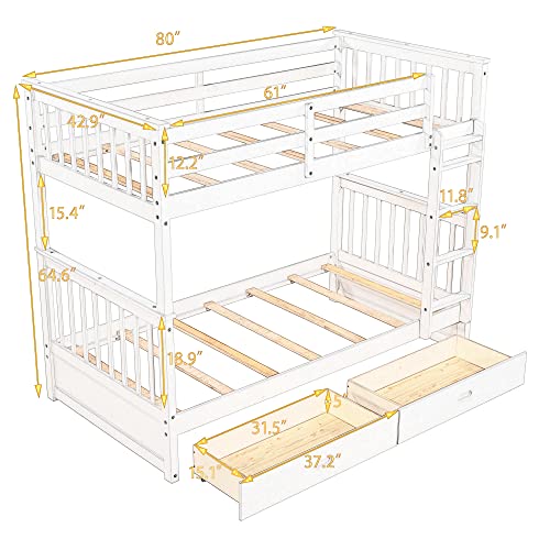 Harper&Bright Designs Twin Over Twin Bunk Bed with Trundle, 3 Storage Drawers, Safety Rail, and Removable Ladder, Can be Separated into 3 Bed, White
