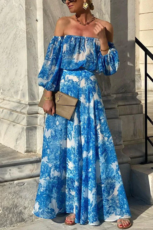 Off Shoulder Floral Maxi Dress with Balloon SleevesClistos
