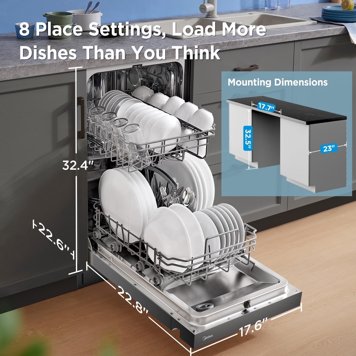 18 Inch Built-in Dishwasher, Slim Space-Saving Design with Stainless Steel Tub, 8 Place Settings & 6 Wash Cycles, Energy Star Certified Dishwasher with Heated Dry & High-Temp Wash, Black