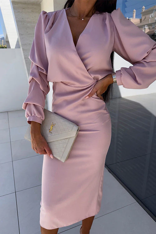 Faux Wrap V-Neck Bodycon Midi DressClistos