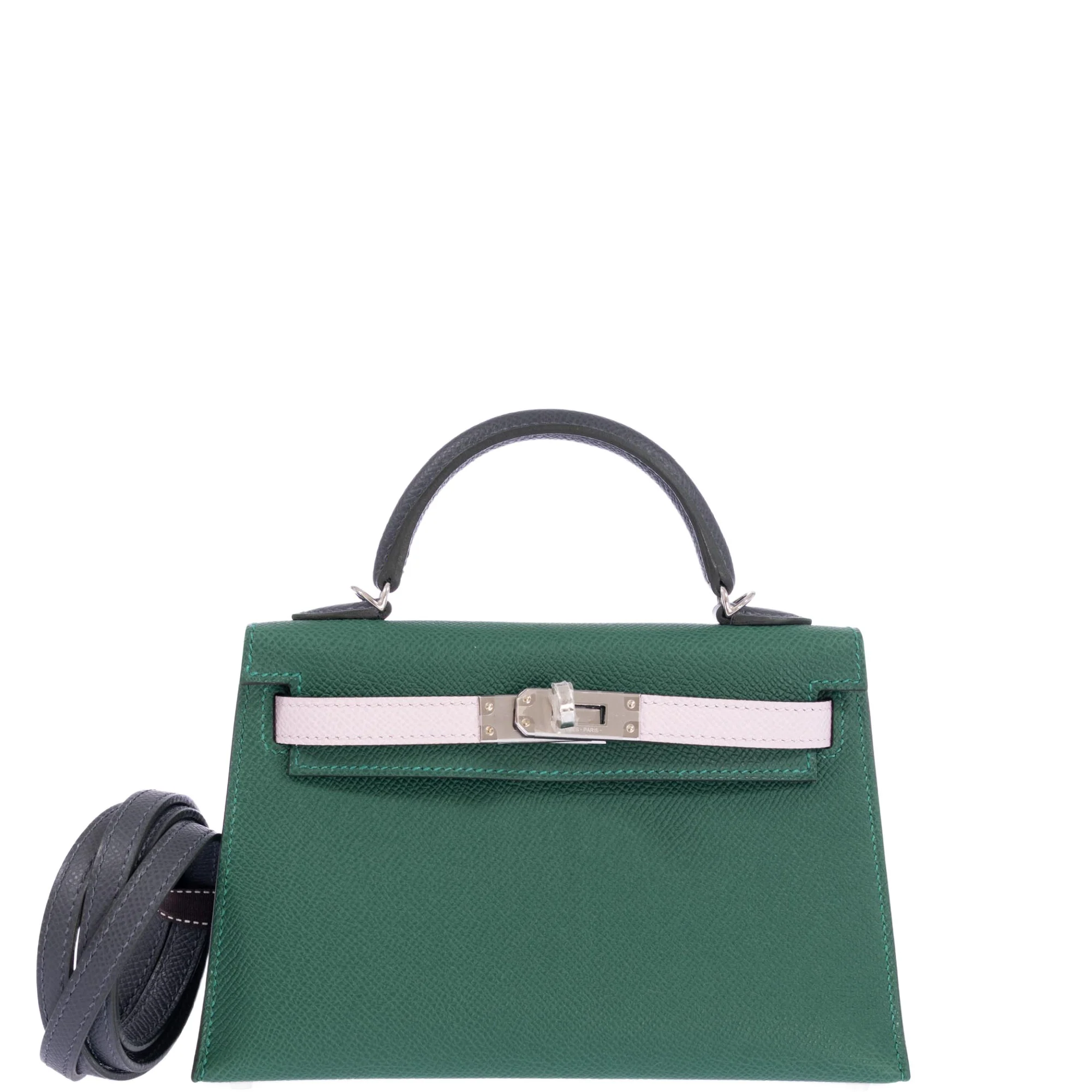 Hermès Vert Moyen / Mauve Pale / Ardoise Kelly 20 Sellier Tricolor Epsom Palladium Hardware