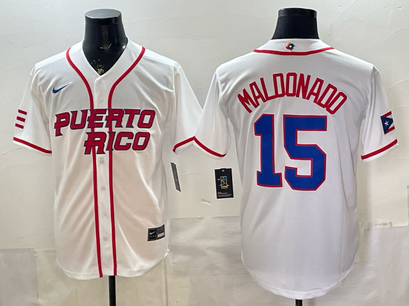 Men's Puerto Rico Baseball Martin Maldonado #15 White 2026 World Baseball Classic Stadium Jersey