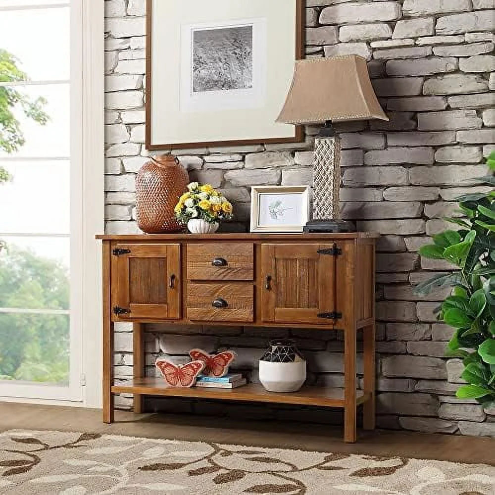 TJUNBOLIFE 48 Inch Console Table with 2 Drawers and Cabinets and Bottom  Retro Style Solid Wood Sideboard  Dining Buffet Server Cabinet for Living Room Kitchen Dining Room(Brown)