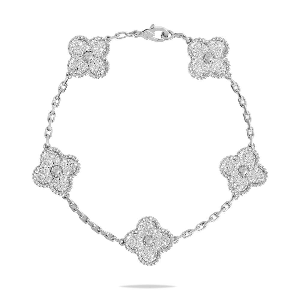 Van Cleef & Arpels Vintage Alhambra 5 Motifs Bracelet 18K White Gold Diamond VCARA41500