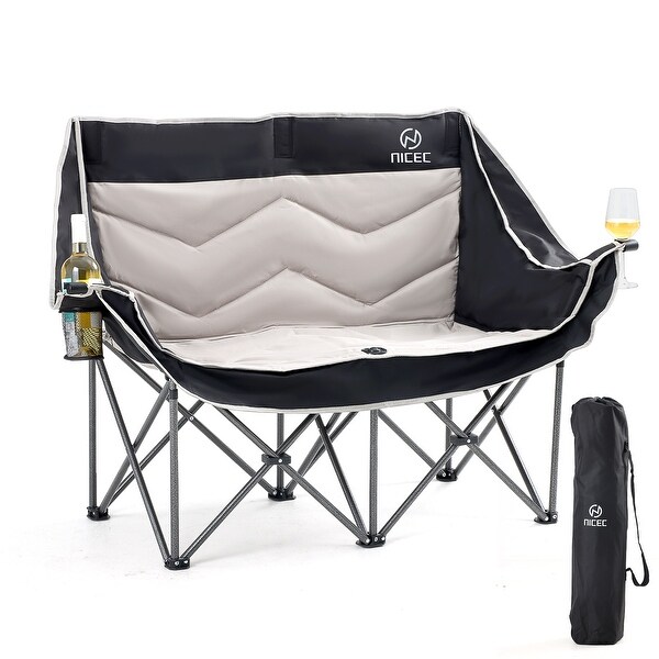 Double Camping Loveseat,Oversized Padded Folding Chair with Wine Glass Holder and Carry Bag for Outdoors