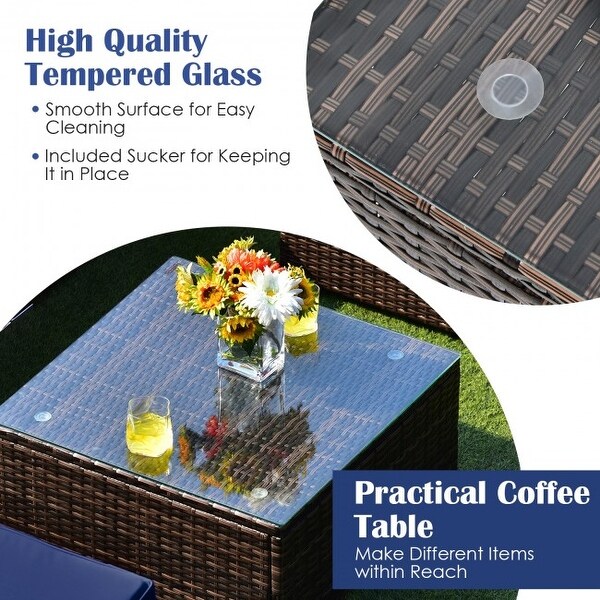 6 Pieces Patio Rattan Furniture Set with Cushions and Glass Coffee Table