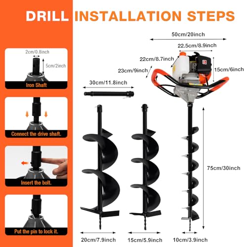 52Cc Auger Post Hole Digger,2-Stroke Petrol Gas Powered Earth Digger Earth Auger with 3 Digging Machine Drill Bits 4