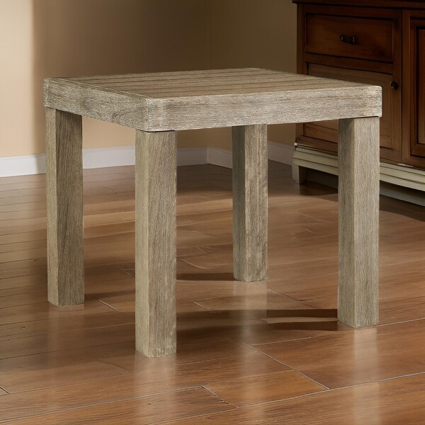 Fayi 22 Inch Outdoor End Table,Square Slatted Design,Natural Brown Finish