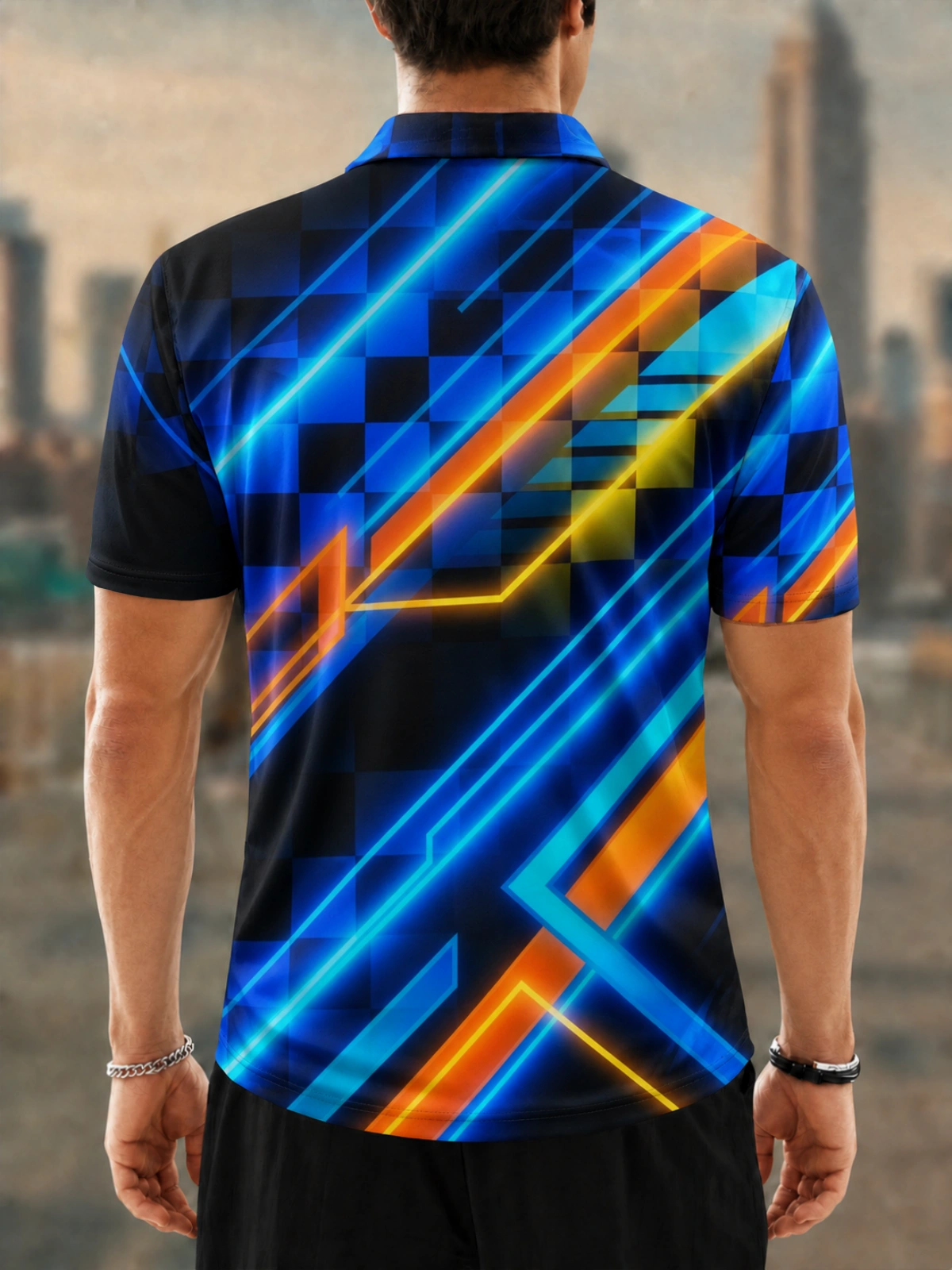 Moisture Wicking Golf Polo 3D Neon Racing Checkered Line Button Short Sleeve Golf Polo Shirt