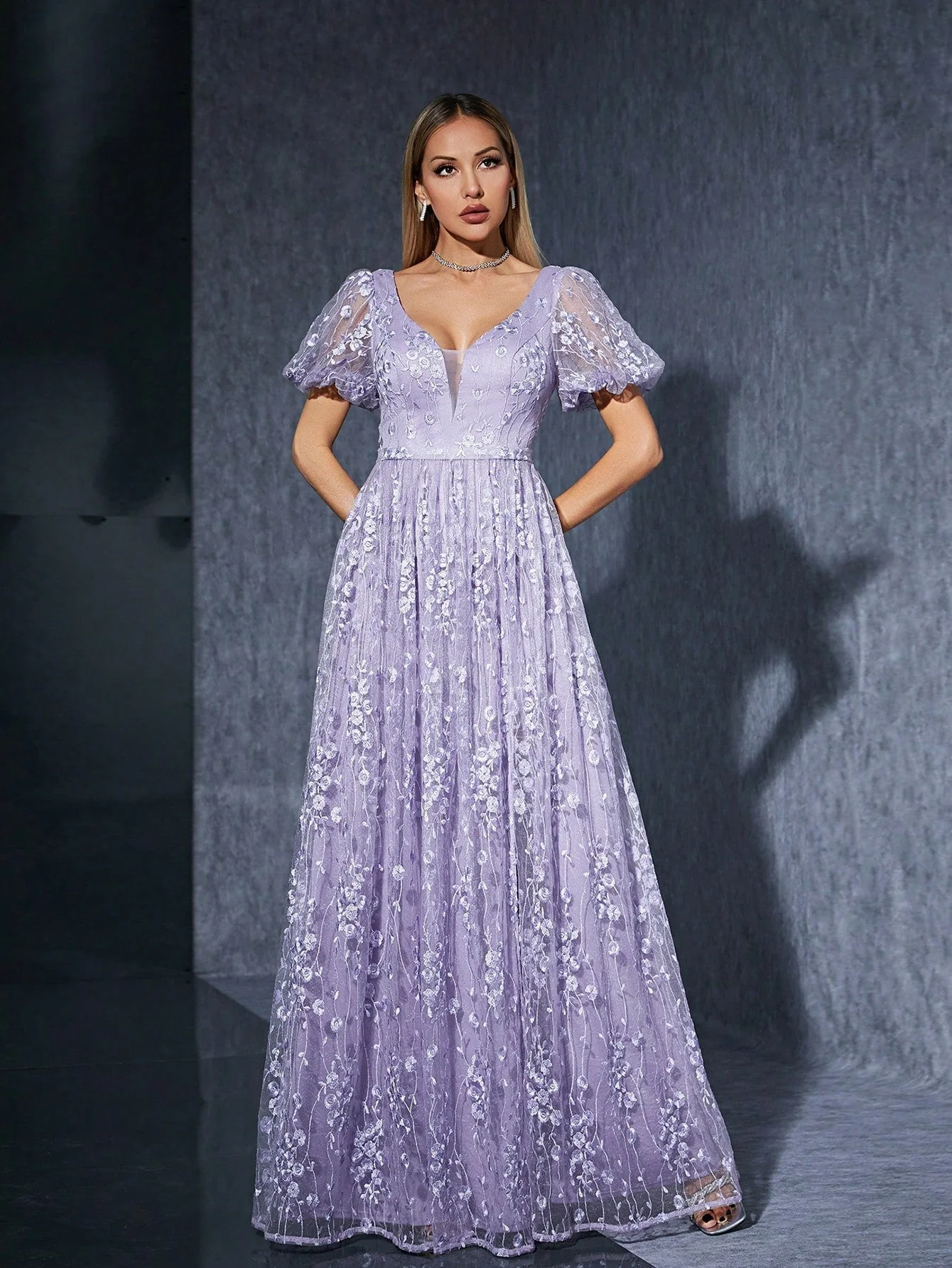 Embroidered Split Maxi Dress | V-Neck Puff Sleeve GownClistos