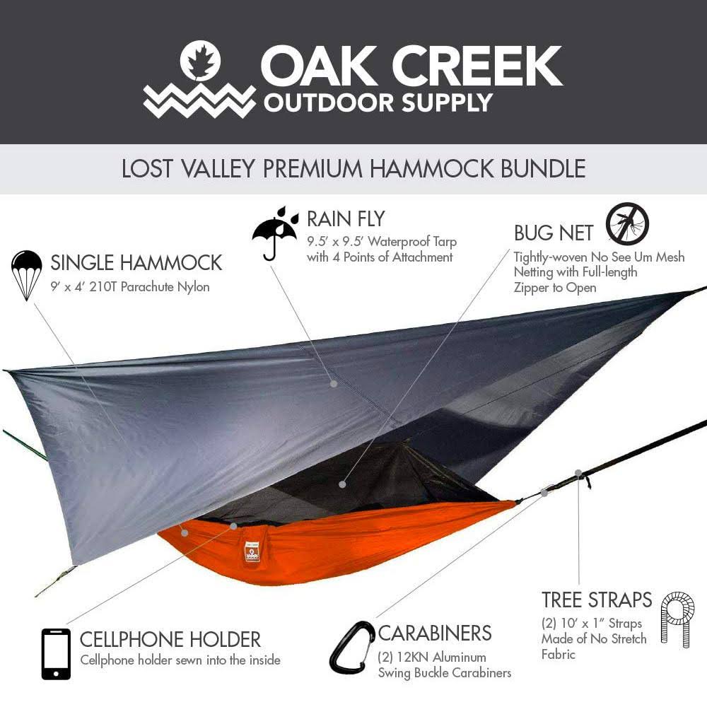 Oak Creek Camping Hammock with Mosquito Net, Rain Fly, Tree Straps and Sack.
