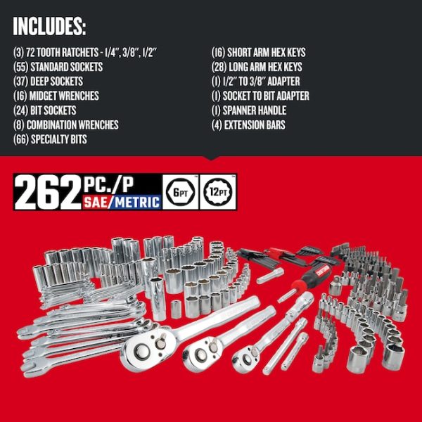 262-Piece Standard (SAE) and Metric Combination Polished Chrome Mechanics Tool Set (1/4-in; 3/8-in; 1/2-in;)
