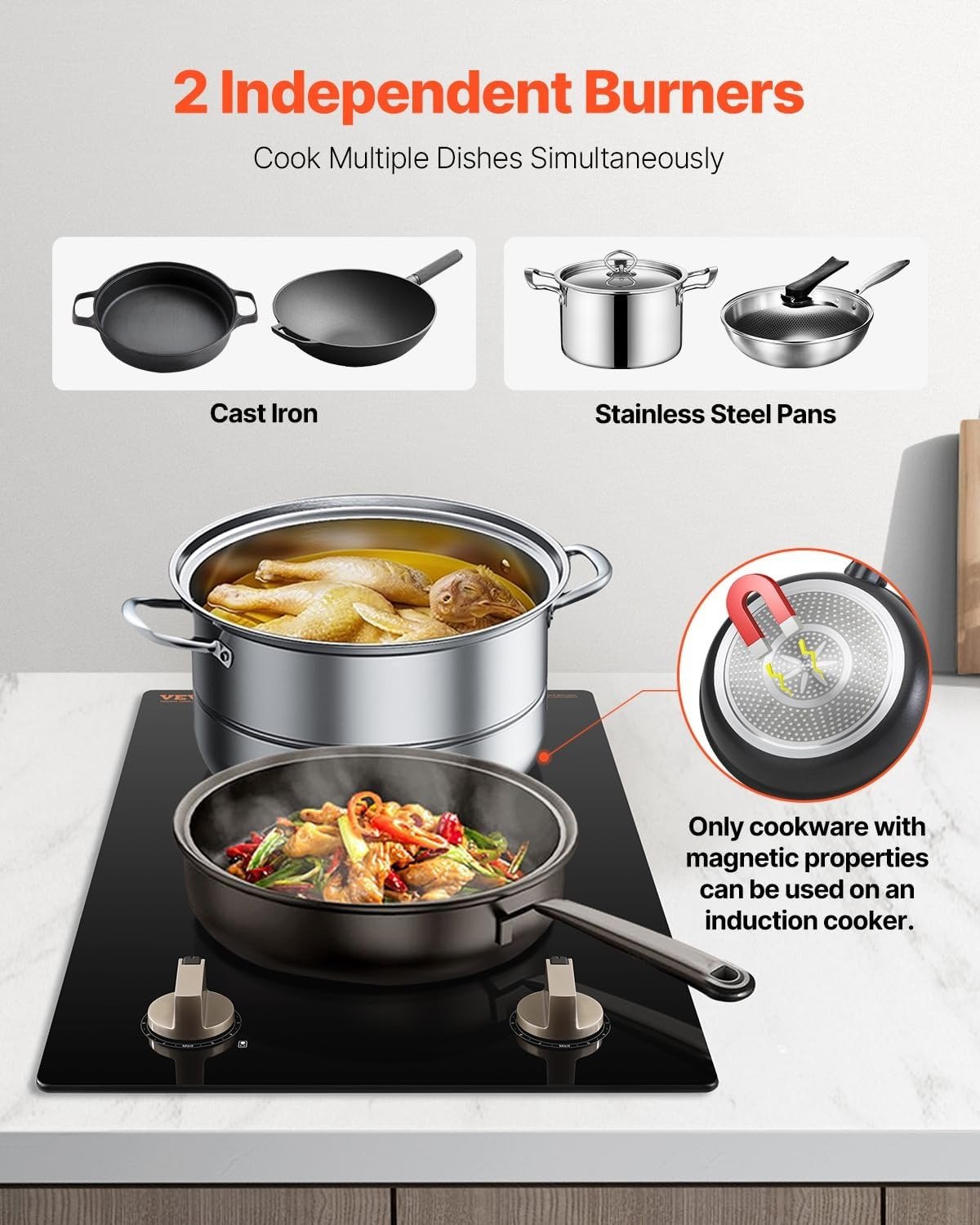 1800W Electric Countertop Burner, 2 Burner Knob Control Stove, Built-in Induction Cooktop with 12 Temperature Settings, Glass Surface, Auto Shut-Off