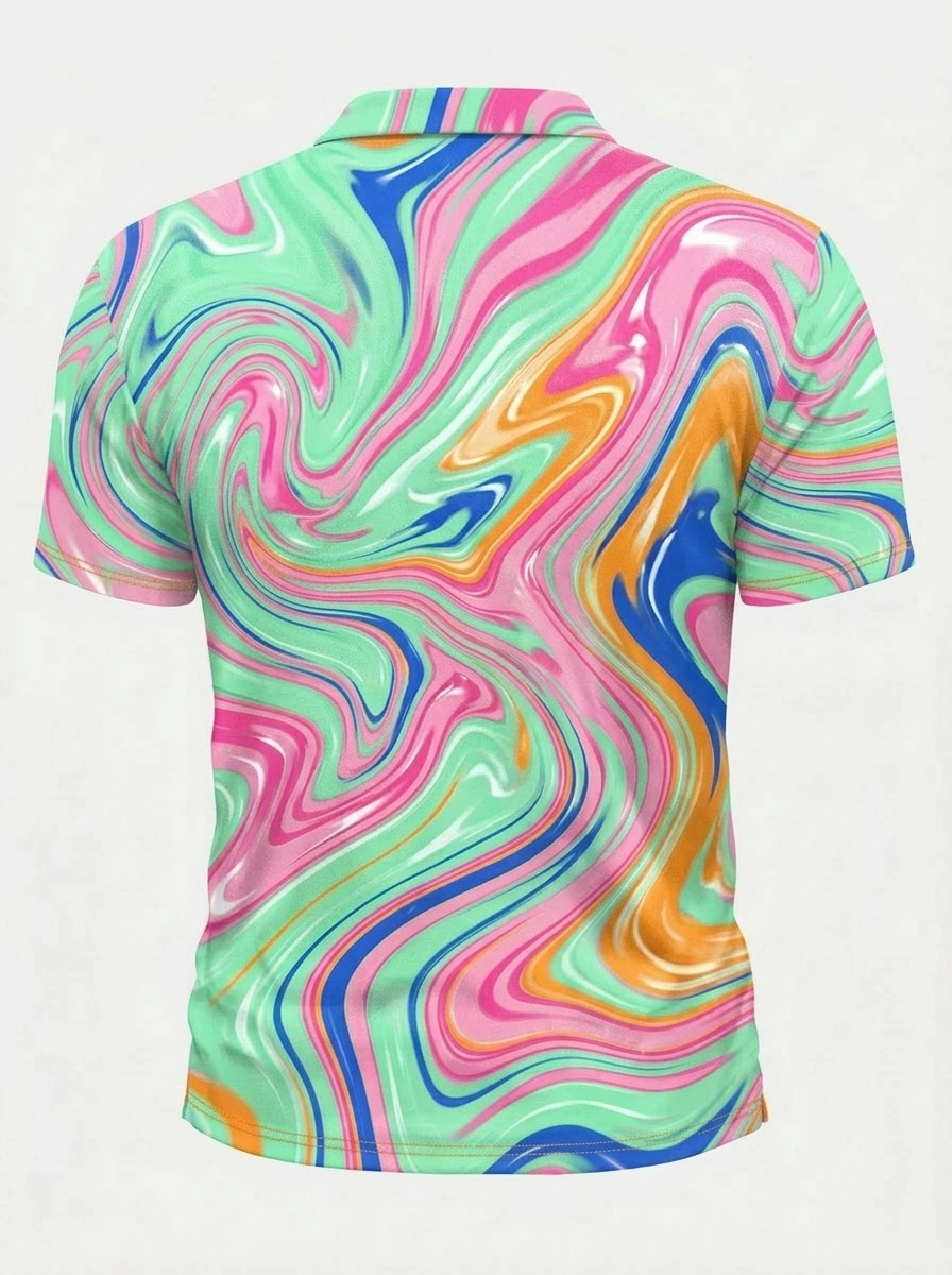 Moisture Wicking Golf Polo 3D Green Pink Blue Swirl Liquid Button Short Sleeve Golf Polo Shirt