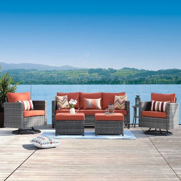 OVIOS 6piece Wicker Sectional Sofa Swivel Rocking Chair Set