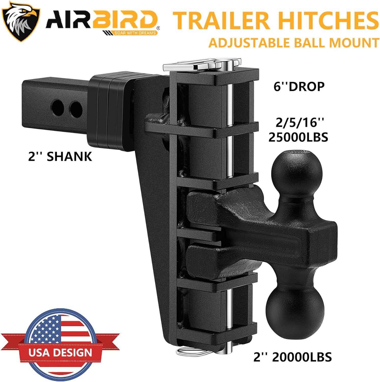 Adjustable Trailer Hitch Fits 2-Inch Receiver, Heavy Duty Tow Hitches (17000 LBS GTW) 6 Inch Drop Truck Hitch Tri-Ball Mount with Hook (1-7/8