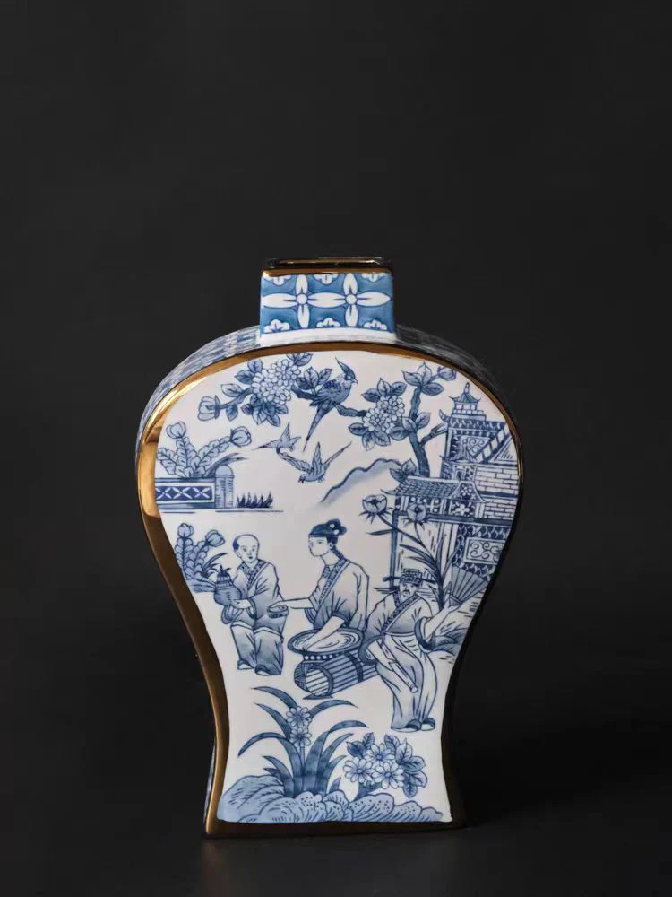 DC050 - Home Oriental Paris blue and white porcelain Grisaille new Chinese ink painting gold porcelain vase decoration