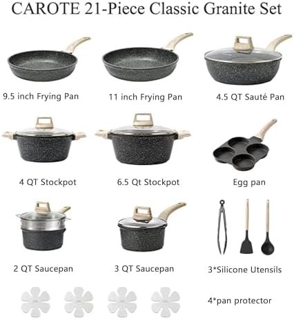 21pcs Pots and Pans Set Nonstick, Cookware Set Black Granite Induction Kitchen Cooking Set w/Frying Pans & Saucepans