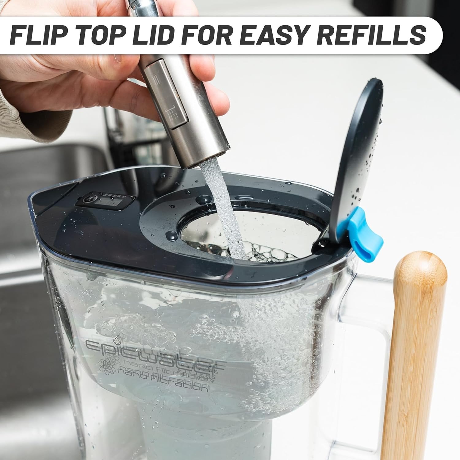 Water Filter Pitchers for Drinking Water | 10 Cup | 150 Gallon Filter | Gravity Water Filter (Black & Bamboo)