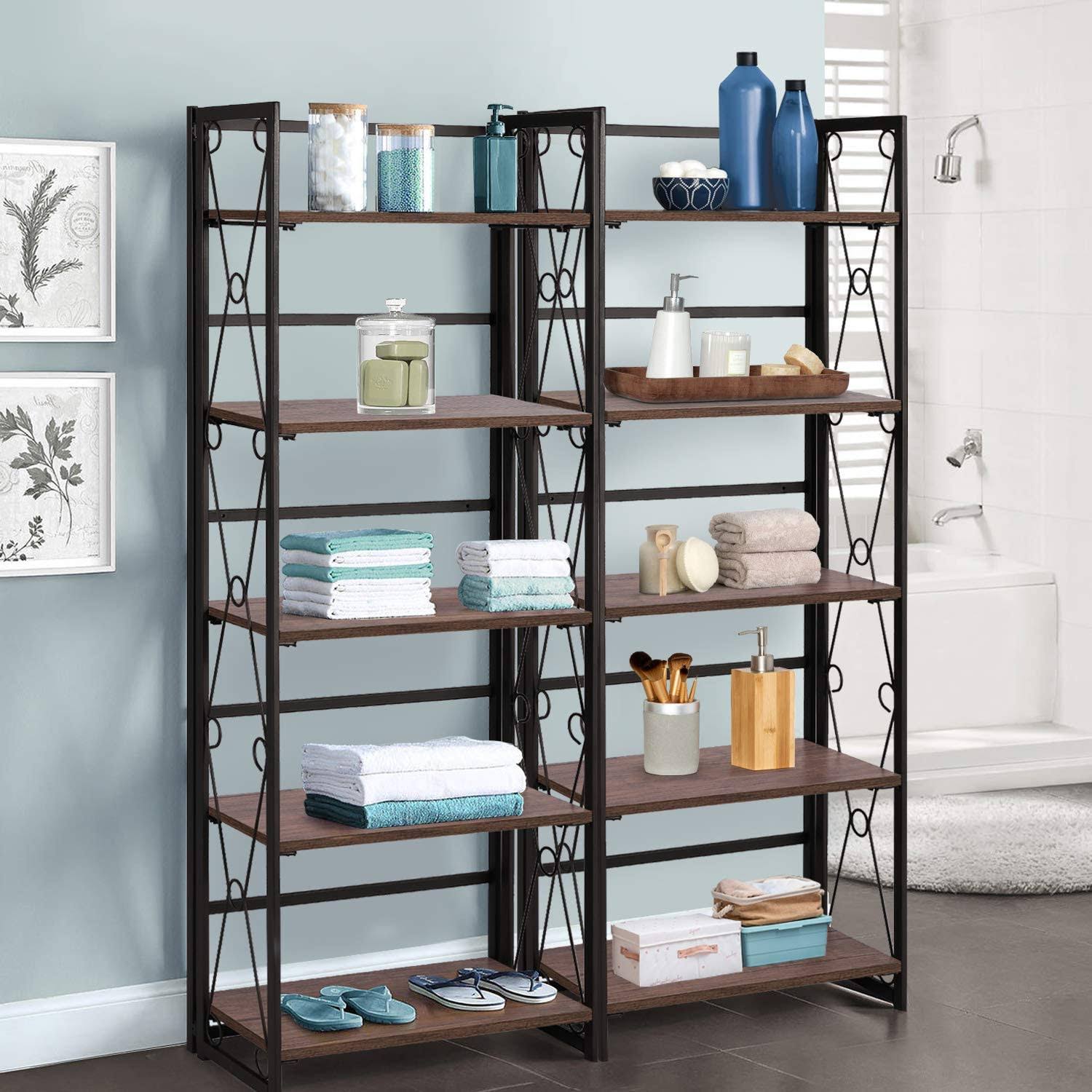 5 Tier Bookshelf Set of 2 Industrial Folding Bookcase with Metal Fram