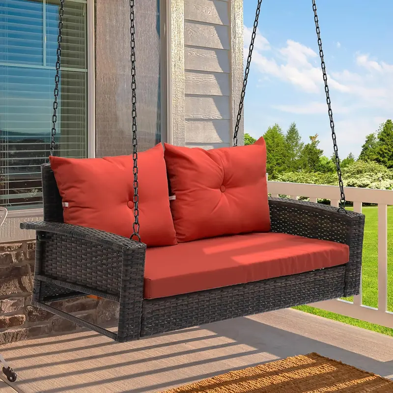 YITAHOME 3-Person Wicker Hanging Porch Swing – Outdoor Bench with Removable Cushions, Ideal for Balcony, Garden, or Backyard