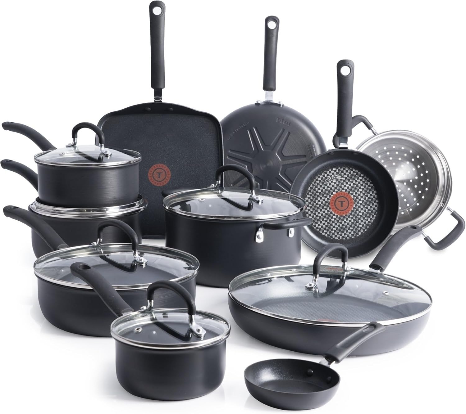 17-Piece Hard Anodized Nonstick Cookware Set Titanium Coating Thermo-Spot Black