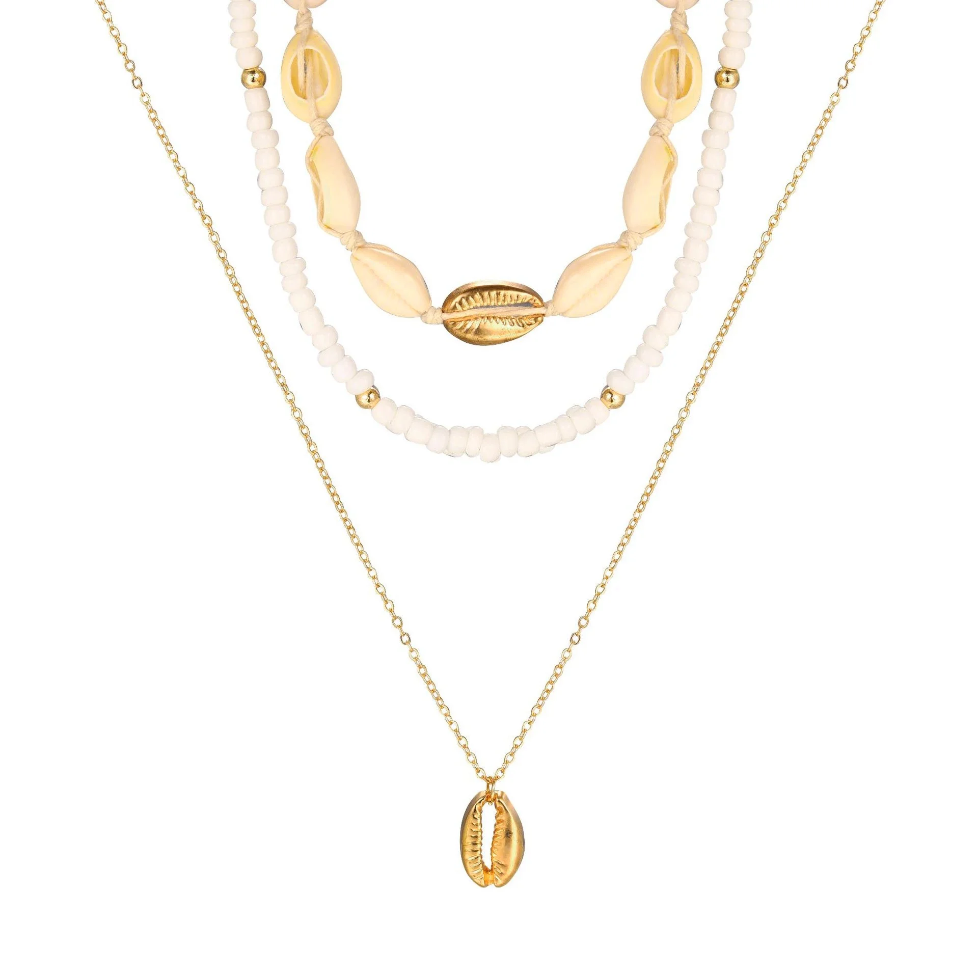 Gold Bohemian Multi-Layer Beaded Shell Pendant Necklace for Women