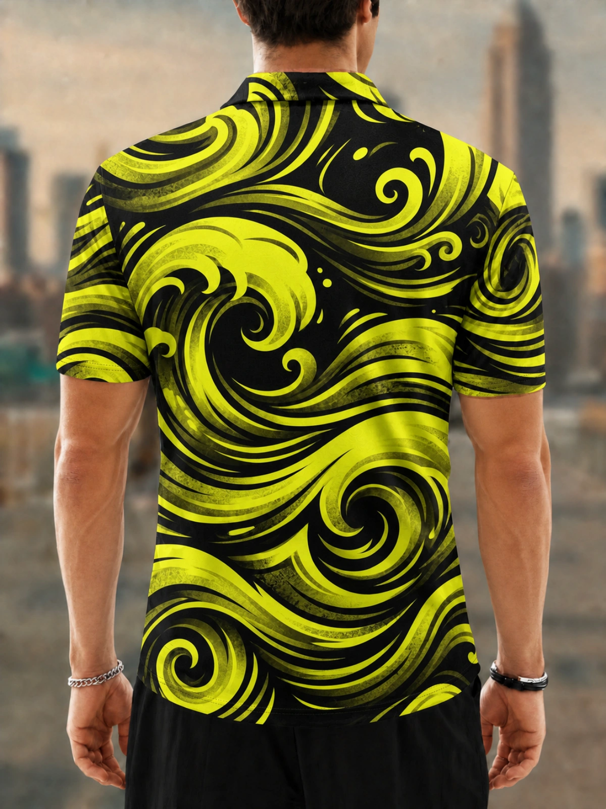 Moisture Wicking Golf Polo 3D Neon Yellow Japanese Wave Swirl Button Short Sleeve Golf Polo Shirt
